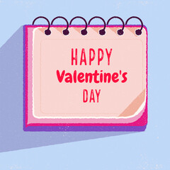 Cute poster Happy valentines day. Abstract stylized Notebook in retro style with copy text. Vector hand drawing. Suitable for email header, post in social networks, advertising, events and page cover