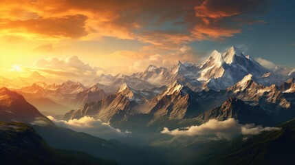 A panoramic view of a picturesque mountain photo realistic illustration - Generative AI.