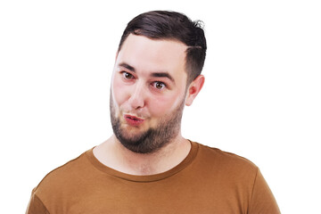 Obraz premium Man, silly and face for funny joke, crazy expression or comedy with confidence in pose. Male person, comic or goofy with casual, trendy or modern fashion on isolated or transparent png background