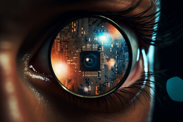 Iris grossi par une loupe montrant une puce informatique, concept futuriste digital