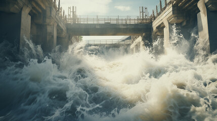 Dynamic close up of water rushing through a hydroelectric dam