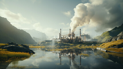 Geothermal power plant amidst a volcanic landscape, steam rising - obrazy, fototapety, plakaty