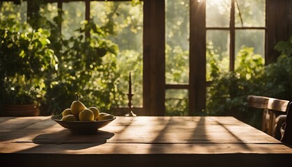 Sun-warmed light cascades over the scratched and worn surface of a vintage wooden dining table - obrazy, fototapety, plakaty