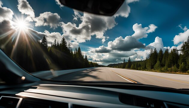 A windshield view from within a clean late-model sedan on a partly cloudy mid-day