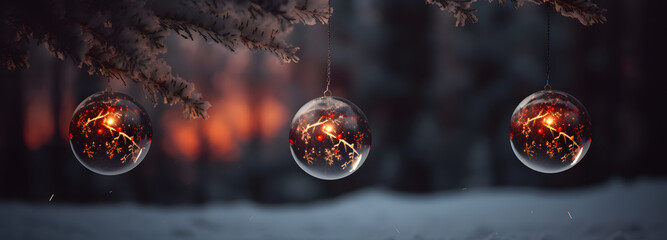 three ornaments hanging on the snow hanging on a tree, in the style of luminous spheres, dark gray and red, captivating light effects, photo-realistic hyperbole