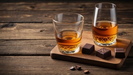 chocolate and whiskey on a wooden table - obrazy, fototapety, plakaty