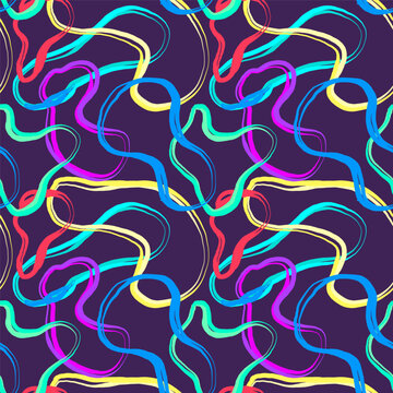 Doodle Vector Seamless Pattern in Vibrant, saturated neon colors. hand drawn squiggle organic shapes. Scribble twiddle modern print