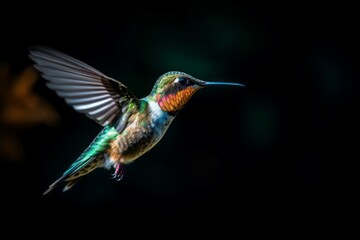 Glowing tiny hummingbird flying on black backdrop. Vibrant colorful little bird wings flight. Generate ai