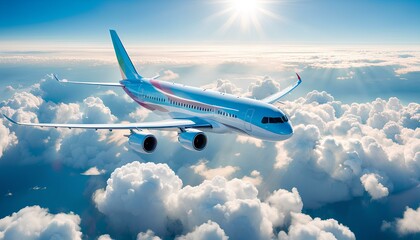 Fototapeta premium A colorful commercial jet airplane flying high above scattered fluffy white clouds on a bright sunny