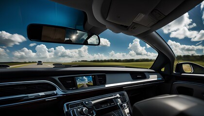 A windshield view from within a clean late-model sedan on a partly cloudy mid-day