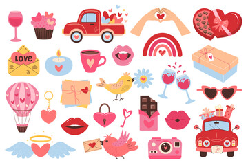 Valentine’s day icons set. Cute love elements and decorations. Perfect for scrapbooking, greeting card, party invitation, poster, tag, sticker kit.