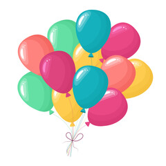Bunch of colorful helium balloons. Flying festive decoration. Vector illustration isolated on white background.