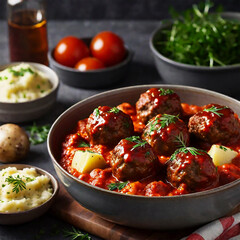 Delicious Mouthwatering Homemade Meatballs with Tomato Sauce and Parsley in a Bowl Breathe Taking Mesmerizing Culinary Art of meatballs stew with vegetables and tomato sauce Extravaganza