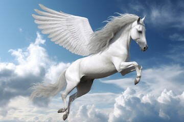 Obraz na płótnie Canvas Graceful Pegasus horse flying in the clouds. Mythical legendary fairytale tenderness horse. Generate ai