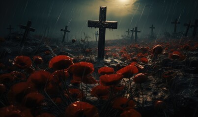 crossing of the crosses in a field of poppies - obrazy, fototapety, plakaty