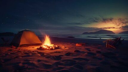 A tent pitched on a remote beach photo realistic illustration - Generative AI.