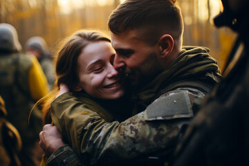 Fototapeta premium Soldier's family, cinematic homecoming of a Ukrainian soldier surprising his family, emphasizing joy and relief. a shallow depth of field, creating a dreamlike atmosphere