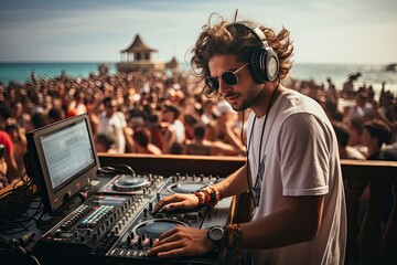 dj with headphones mixing music on the beach with crowd - obrazy, fototapety, plakaty