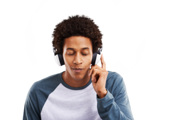 Happy, man and headphones for calm music, audio subscription or streaming multimedia playlist isolated on transparent png background. African guy listening to peaceful podcast, hearing sound or radio