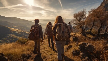 group of friends hiking in the mountains with boots and backpacks