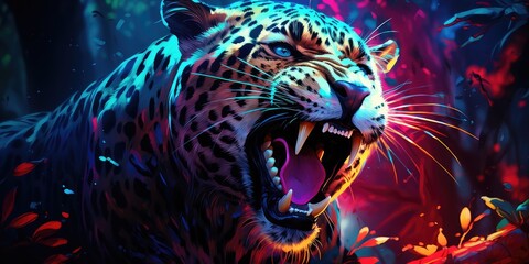 Tiger neon color palette, animal portrait painting