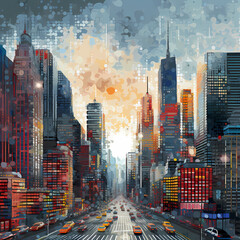 pixelation effect found in metropolitan environments, capturing the essence of city life.