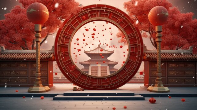 Serene Chinese Pagoda and Blossoms in Lunar New Year Display