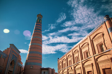 the tallest historical structure in Uzbekistan in the afternoon time, Khiva, the Khoresm...