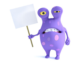 A spotted monster holding sign, looking disgusted.