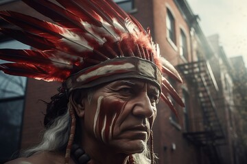 Indian chief with feather crown on city street. Native tribal headman on modern town avenue....