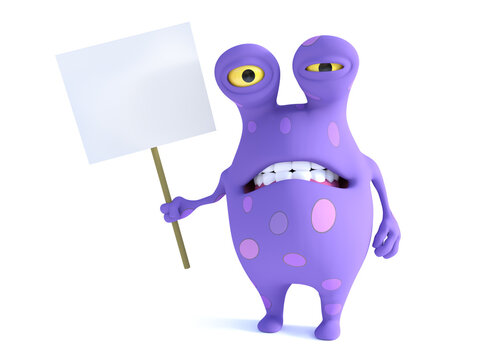 A spotted monster holding sign, looking disgusted.