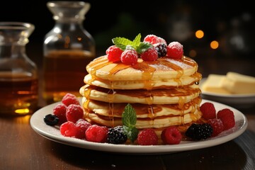 Delicious pancakes are stacked on a plate with fresh berries and poured with maple syrup. Breakfast