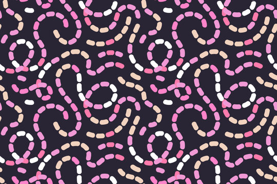 Naive seamless dotted squiggle pattern with bright colored wavy lines on a light background. Creative abstract squiggle style drawing background.