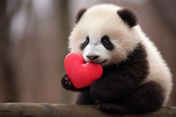 a giant panda bear in the zoo with a big red heart, Adorable newborn panda holding a red heart on...