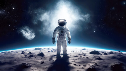 An astronaut wearing space suit standing on other planet.Space adventure, galaxy exploration mission in outer space,sci-fi concept.Generative AI