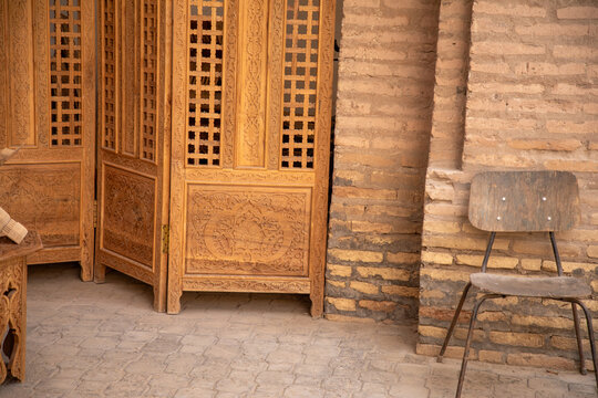 beautiful handcrafted wooden products inside the Fortress, Khiva, the Khoresm agricultural oasis, Citadel.