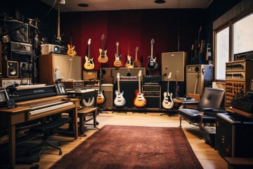 Guitar shop in the old school style, vintage toned, An indoor recording studio with guitars, amps,...