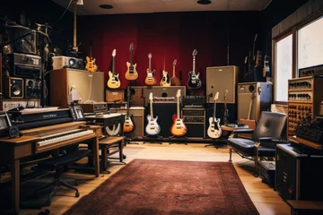 Papier Peint photo Lavable Magasin de musique Guitar shop in the old school style, vintage toned, An indoor recording studio with guitars, amps, and pianos, AI Generated