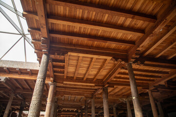 inside the old historical wooden beam structure, Khiva, the Khoresm agricultural oasis, Citadel.
