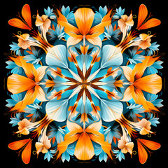 symmetrical kaleidoscopic pattern featuring intricate floral elements in a mesmerizing composition