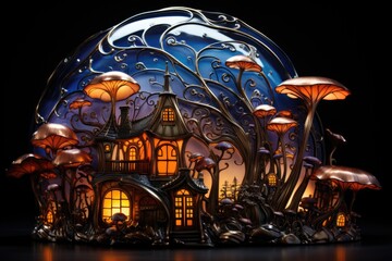 Obraz premium A lighted house with mushrooms and a moon in the background.