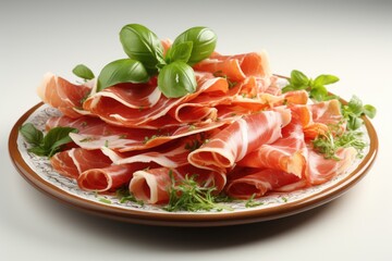 A plate of sliced meat with a sprig of basil on top.