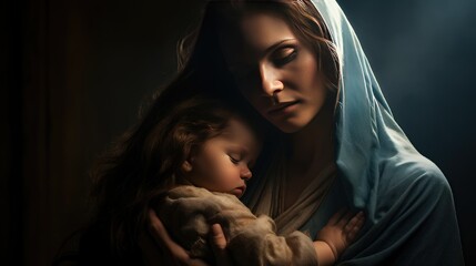 The Virgin Mary holds Jesus Christ in her arms.