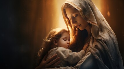 The Virgin Mary holds Jesus Christ in her arms.