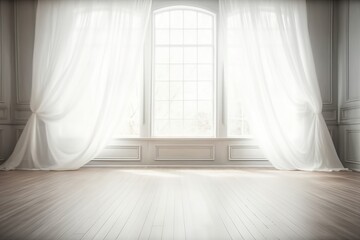 Fototapeta na wymiar Backlit window with white curtains in empty room. generative ai.