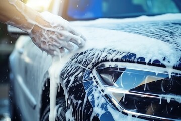 Car wash concept. Cleaning car with soap and foam. Hand washing car, Auto car wash with white soap and foam on the body, AI Generated - Powered by Adobe