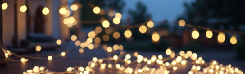 Fototapeta premium Glowing garland, evening festive atmosphere. Night lights. Banner, bokeh effect.