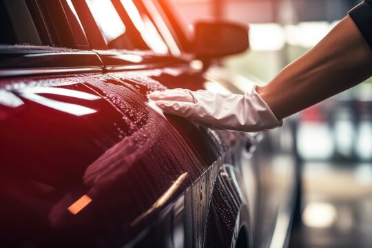 Car polishing series : Worker polishing a car in auto service, Auto cleaning service cleaning the car inside, AI Generated