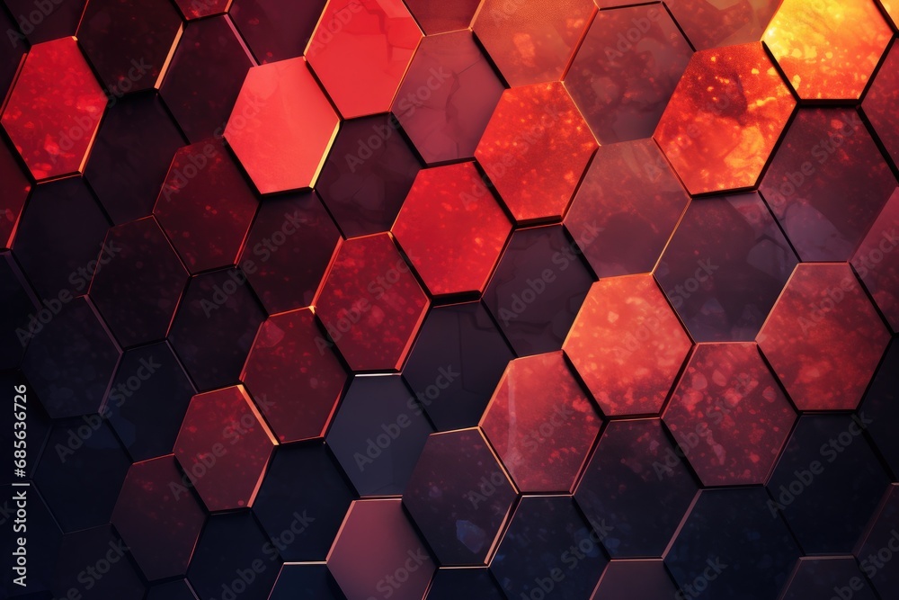 Poster abstract red hexagon background. 3d rendering toned image double exposure, abstract background with 