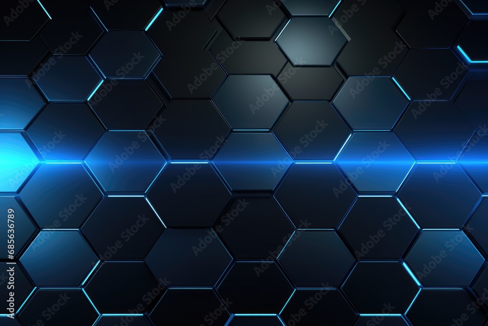 Poster dark blue hexagon background with glowing lines. 3d rendering, abstract hexagonal geometric ultra-wi